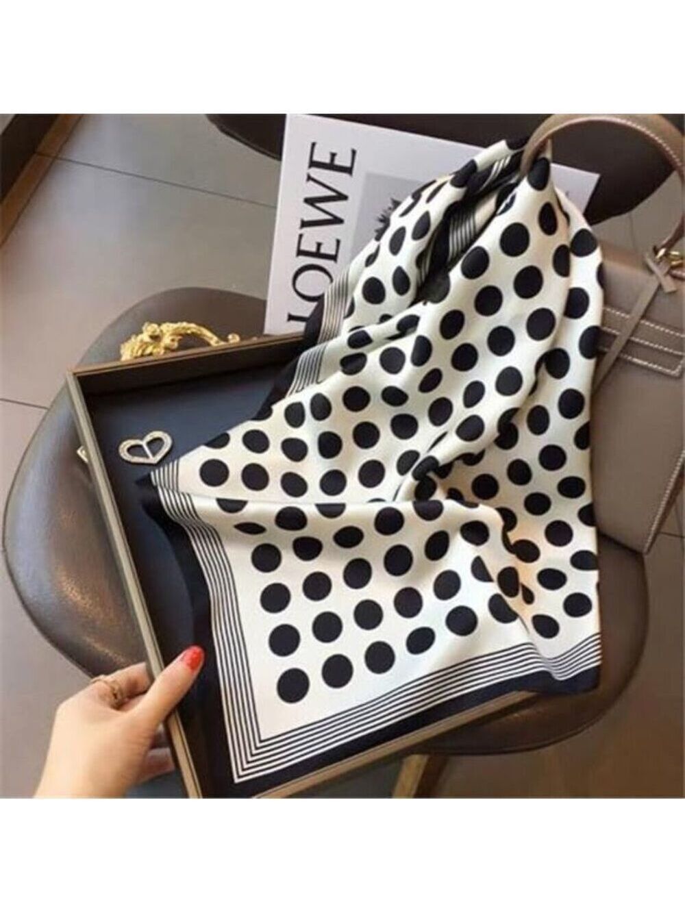 Black White Polka Dot Silk Feel Retro Scarf